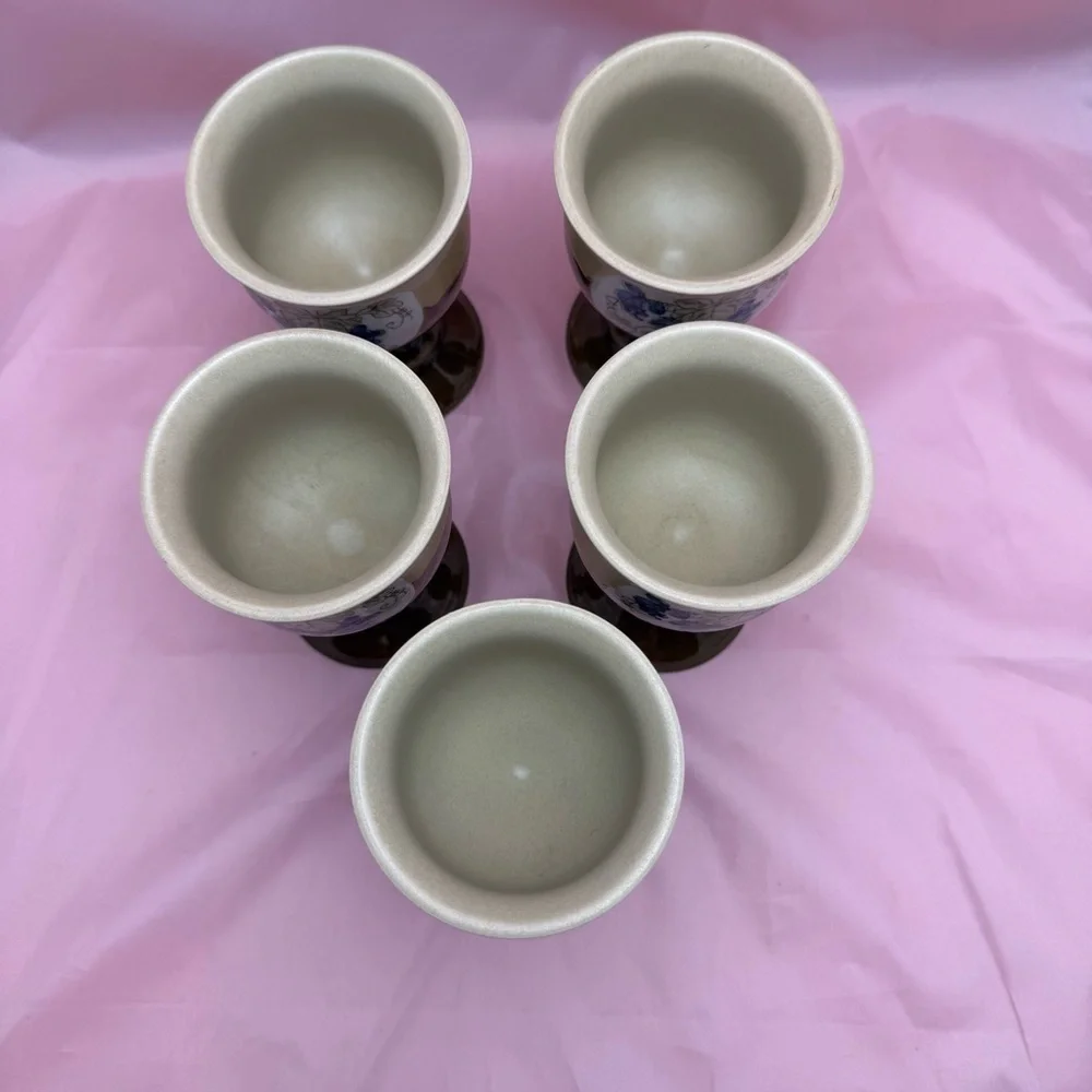 VTG Otagiri Blue Grapevine Goblet Set Stoneware MCM Wine Barware Japan